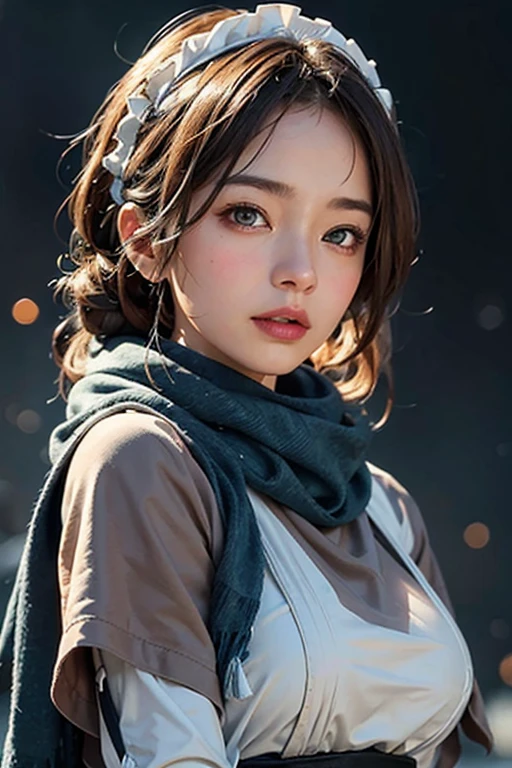 masterpiece,best quality,official art,extremely detailed CG unity 8k wallpaper,large breasts, 1girl, upper body, face close up,scarf, maid, snow shelter,exposure blend, medium shot, bokeh, (hdr:1.4), high contrast, (cinematic, teal and orange:0.85), (muted colors, dim colors, soothing tones:1.3),