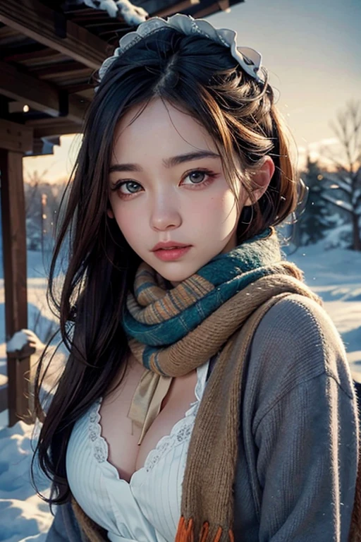 masterpiece,best quality,official art,extremely detailed CG unity 8k wallpaper,large breasts, 1girl, upper body, face close up,scarf, maid, snow shelter,exposure blend, medium shot, bokeh, (hdr:1.4), high contrast, (cinematic, teal and orange:0.85), (muted colors, dim colors, soothing tones:1.3),