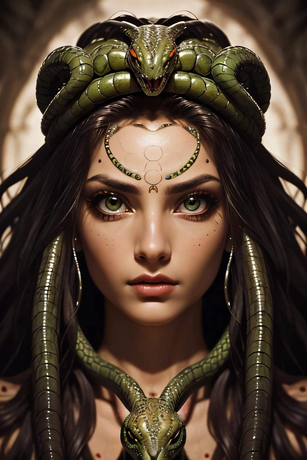 Absurd, ultra-detailed, high quality, detailed face, beautiful eyes, Medusa, the Gorgon, the Gorgon with serpent hair, possesses a complex mix of beauty and terror, mesmerizing gaze,