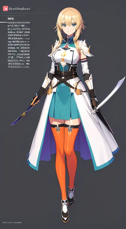 (((Best Quality))) , ((full body)), female, reference sheet, solo, (white background), holding sword, gloves, waist armor, thigh high, side slit trench skirt, blue, orange, green, violet, brown, white, colorful outfit,