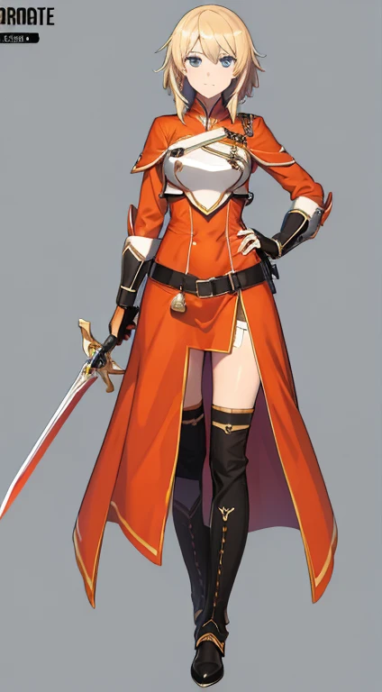 (((Best Quality))) , ((full body)), female, reference sheet, solo, (white background), holding sword, gloves, waist armor, thigh high, side slit trench skirt, blue, orange, green, violet, brown, white, colorful outfit,