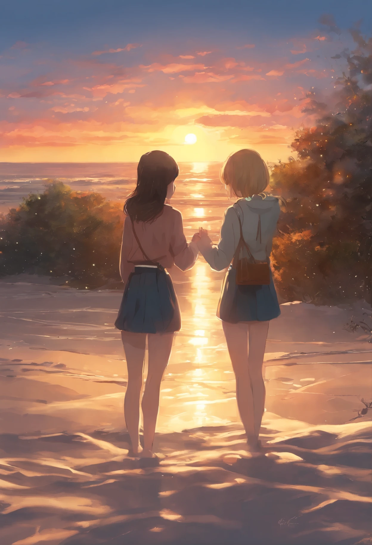 Girls from different worlds (snowfall, Christmas tree, New Year's toys, Beach,waves, sand)stretch out hands to each other, anime couple two girls friends brunette and blonde, standing on a ledge and watching the sunset, clouds and rainbow below, guweiz and makoto sinkai, in style of makoto sinkai, makoto sinkai cyril rolando, sakimichan and makoto sinkai, ross tran and makoto sinkai, ( ( makoto sinkai ) ), style of makoto sinkai