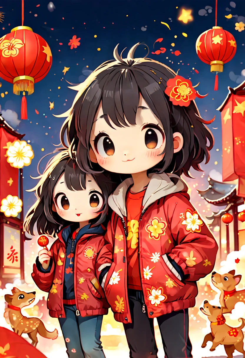 ???? Book, (Tim Burton style)，(Illustration captures the essence of Chinese New Year)，(Modern town:1.2), (Lanterns and festoons)，It's snowing，In the joyful atmosphere of the Spring Festival，(5 children in down jackets set off firecrackers and fireworks)，(There are many fireworks in the sky)，The picture is beautiful，(Detailed and vivid children&#39;s hand-drawn illustrations)，Show character expressions