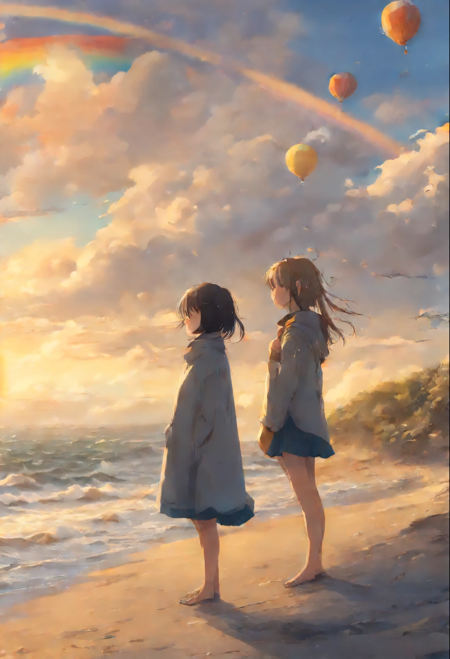 Girls from different worlds (snowfall, Christmas tree, New Year's toys, Beach,waves, sand)stretch out hands to each other, anime couple two girls friends brunette and blonde, standing on a ledge and watching the sunset, clouds and rainbow below, guweiz and makoto sinkai, in style of makoto sinkai, makoto sinkai cyril rolando, sakimichan and makoto sinkai, ross tran and makoto sinkai, ( ( makoto sinkai ) ), style of makoto sinkai