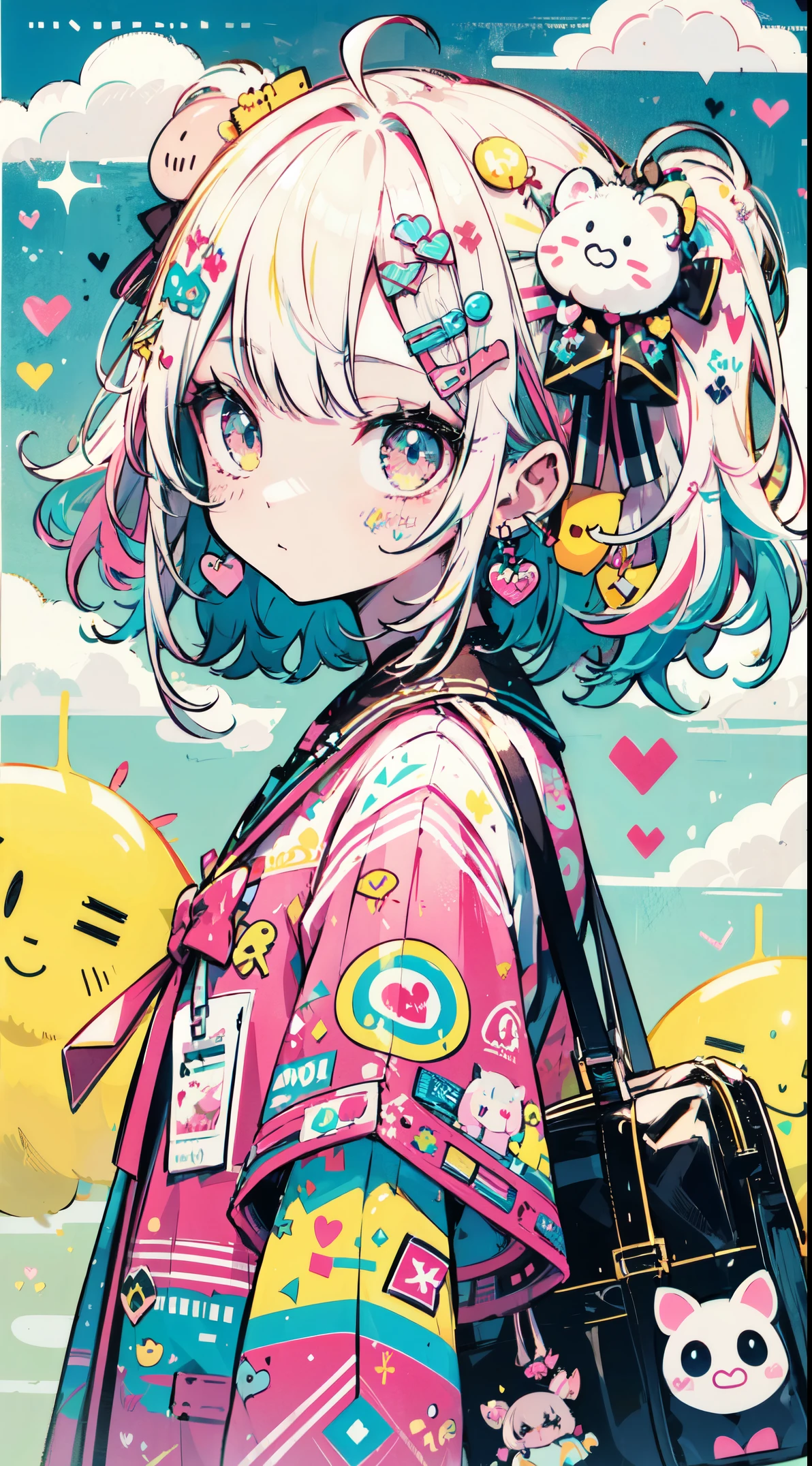 "kawaii, Cute, Adorable girl in pink, yellow, and baby red color scheme. She wears sky-themed clothing with clouds and sky motifs. Her outfit is fluffy and soft, With decora accessories like hair clips. She embodies a vibrant and trendy Harajuku fashion style."