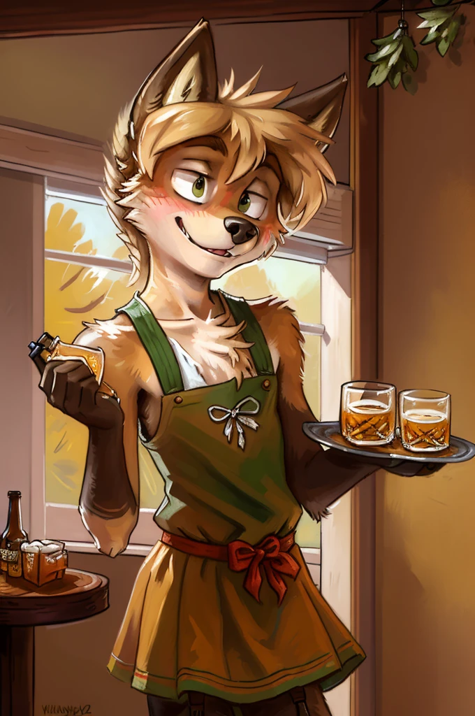solo, wolf, ((male)), slender, day, ((twink)), detailed, uploaded to e621, beautiful and detailed portrait of an anthropomorphic boy, fauxhawk hair, (((male))), kenket, uploaded to e621, (detailed German Oktoberfest dress, garter), embarrassed, smile, carrying tray of beer, tavern