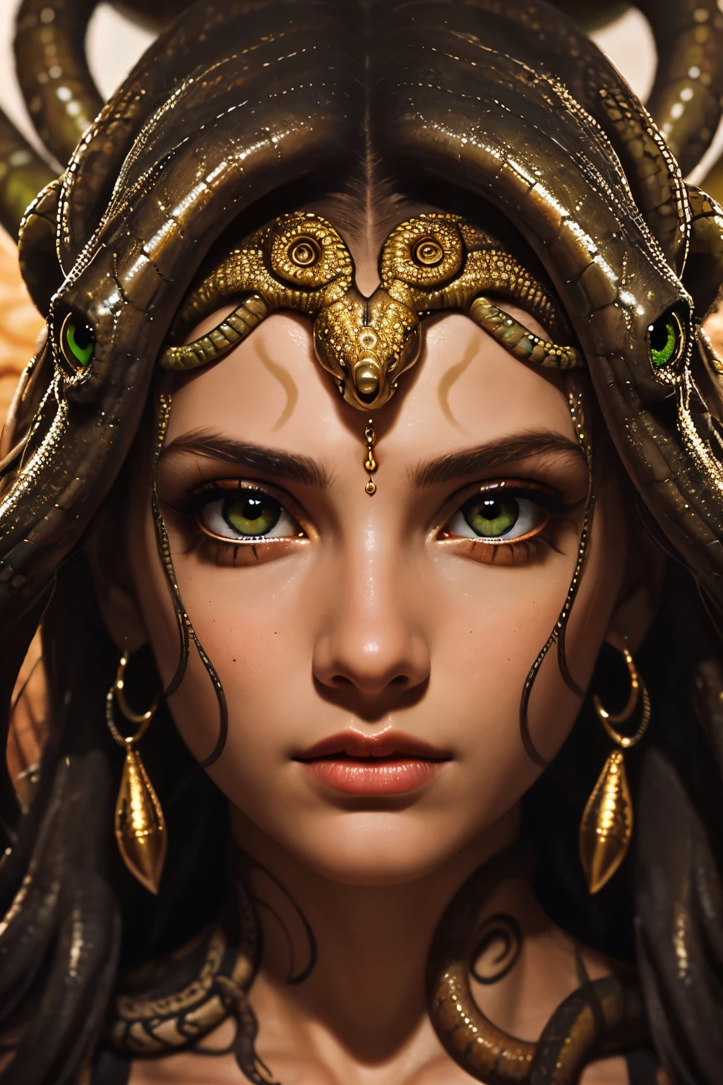 Absurd, ultra-detailed, high quality, detailed face, beautiful eyes, Medusa, the Gorgon, the Gorgon with serpent hair, possesses a complex mix of beauty and terror, mesmerizing gaze,