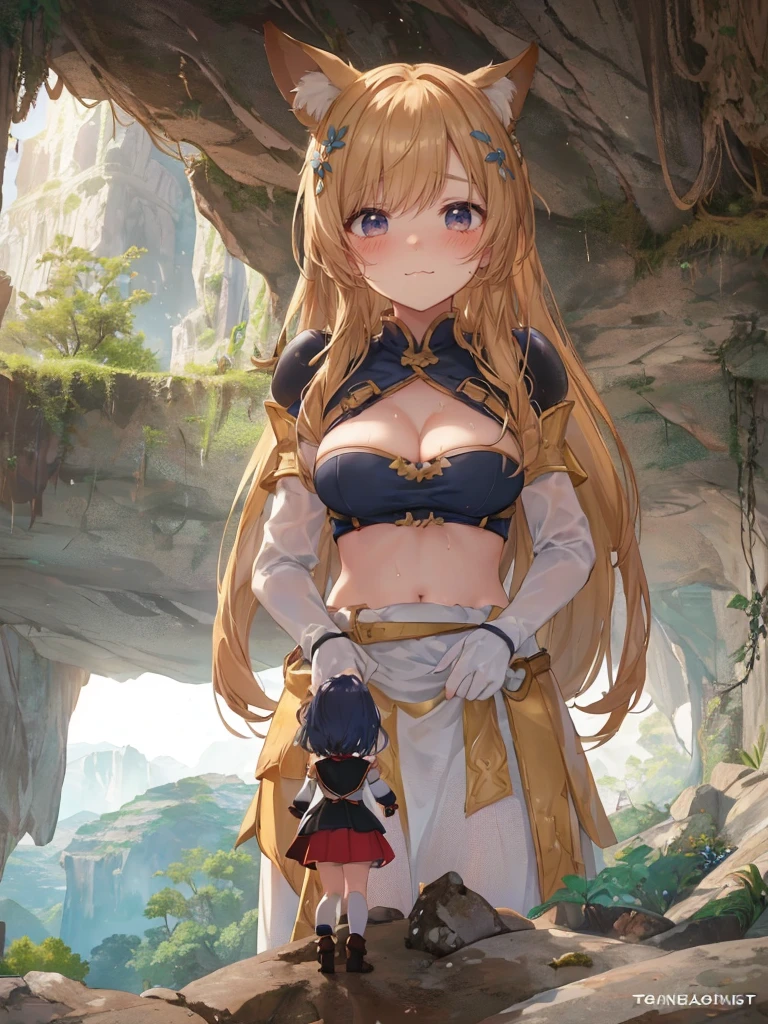 (a giant girl in a dungeon in front of a girl on a tiny cliff: 1.2), (a giant in front of a girl on a tiny cliff), (inside the dungeon for adventurers: 1.3), simple background, (catgirl), :3, armor, gambeson, poor clothing, adventurer clothing , all fours, (big hanging breasts squeezed together: 1.1), (from below: 1.1), (foreshortening:1.3), (girl on a platform from behind: 1.4), (tall girl: 1.1), professionally drawn, (huge breasts), (cleavage sweat), (anime drawing:1.1), (simple bold lines: 1.1), (anime:1.1), (very cute anime girl), (bright), (low contrast), (prettiest teenage girl), (mature face: 1.4), (tall girl with big breasts: 1.2)