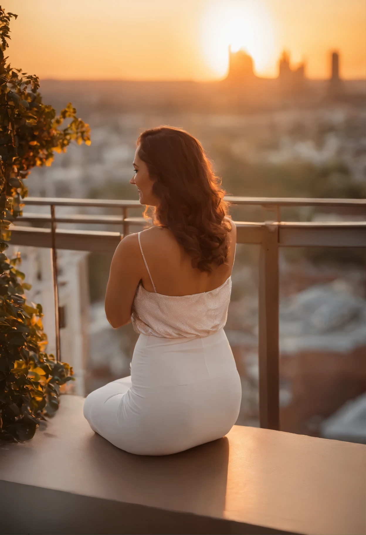 pregnant woman standing on balcony overlooking city skyline at sunset, pregnant belly, on roof, On the balcony, looking off into the sunset, During sunset, pregnant, The sun behind her, sits on roof, looking off into the sunset, at a beautiful sunset, next to a big window, Attractive and beautiful, on roof, with a sunset, on roof