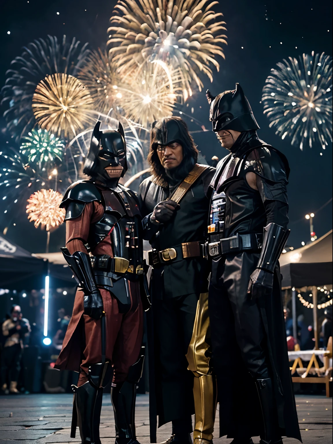 Realistic photo of Hang Tuah, Darth Vader, and Batman wishing Happy New Year. Hang Tuah is in traditional Malay warrior attire, holding a keris. Darth Vader is in his iconic black armor, and Batman is in his dark, modern batsuit. They stand together in a festive, brightly decorated city square at night, with "Happy New Year" banners and fireworks in the background. The lighting is vibrant, reflecting off their distinct costumes, creating an atmosphere of celebration.