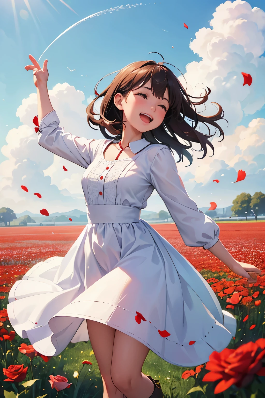 a woman in a white dress in a field of red flowers, she is in pure bliss, combat boots, she expressing joy, tv commercial, clean borders ; photorealistic, floating in perfume, gettyimages, psytrance, showing victory, french girl, ecstatic, rosses, flying