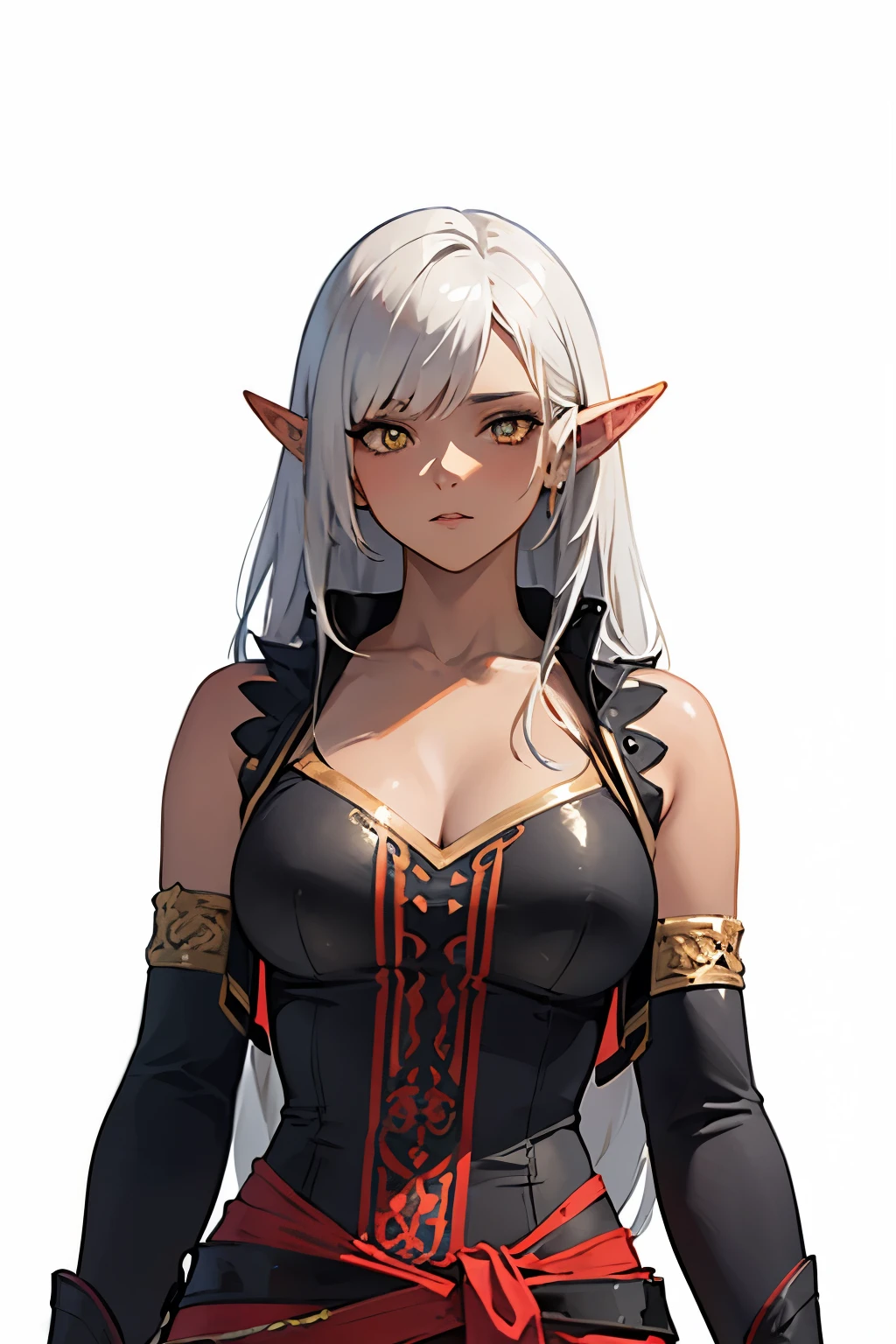 8k, hd, (masterpiece:1.2, best quality), (finely detailed beautiful eyes: 1.2), (detailed background,dark fantasy), (beautiful detailed face), high contrast, (best illumination, an extremely delicate and beautiful), white background, ((cinematic light)), (((sharp focus))), colorful, hyper detail, dramatic light, intricate details, (anime style), digital art, character sheet, 1girl, beautiful girl, anime girl, front view, top angle,
dark elf girl, elven ears, ((dark skin)), yellow eyes, white eyes, silver hair, medium breast, busty body, (straight hair), ((long hair)), exotic skin,
wearing ((black (((tight))) clothes)), with red accent color, red sash belt on waist, ((sleeveless clothes)), tight gloves, wearing sleeveless clothes, open neck, naked neck