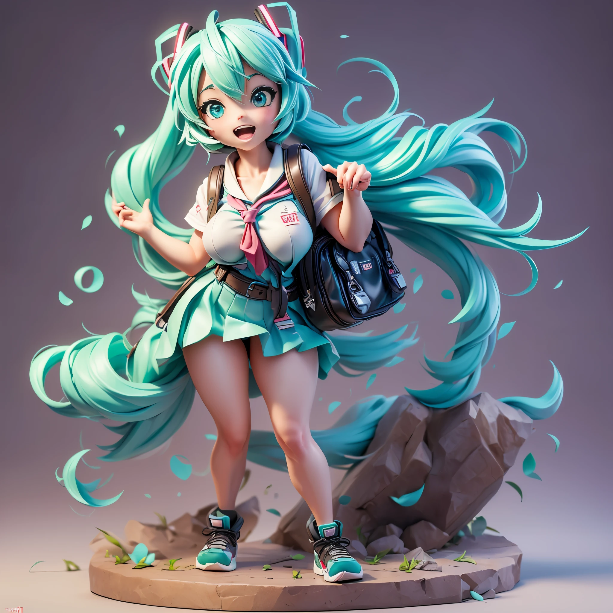 (Dynamic Angle:1.4), ((Full body posing:1.5),miku hatsune,ers old,hashikuji mayoi,a school bag,School route,Looks Back,Colossal tits