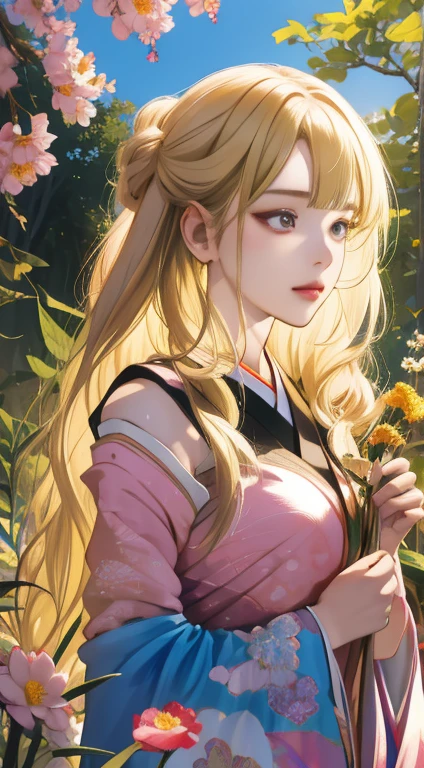 (A hyper-realistic), (hight resolution), (8K), 1girl, japanese mature female, wavy blonde hair, long hair, beautiful detailed eyes, blunt bangs, pink dress, finely detailed eyes and detailed face, extremely detailed CG unity 8k wallpaper, intricate details, break , kaleidoscopic imagery, symmetrical patterns, vibrant colors, geometric shapes, mesmerizing designs, optical illusions, dynamic composition BREAK , pantomime art, expressive body language, silent storytelling, evocative gestures, visual narratives, theatrical performances , blooming flowers, colorful petals, fragrant scents, nature's bounty, vibrant gardens, peaceful scenery