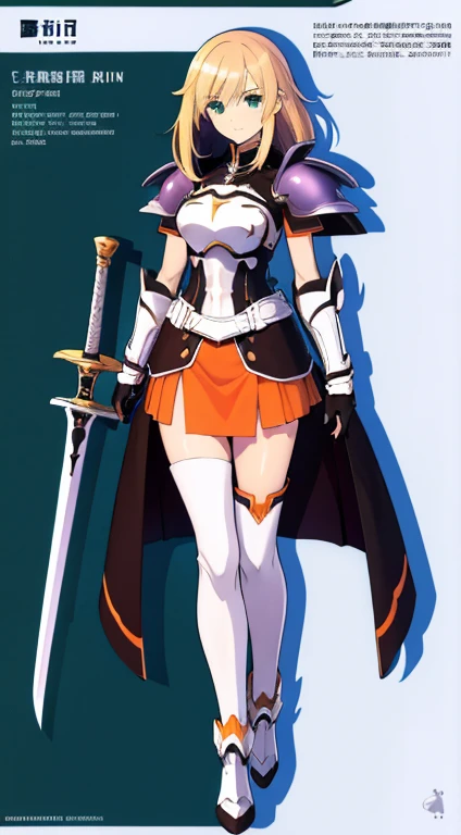 (((Best Quality))) , ((full body)), female, reference sheet, solo, (white background), holding sword, gloves, waist armor, thigh high, side slit trench skirt, blue, orange, green, violet, brown, white, colorful outfit,