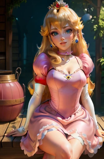 highres, masterpiece, perfect ligthing, bloom, cinematic lighting, , perfect skin, female, ((cowboy shot)), Wide-Legged Seated Forward Bend, smile, narrow waist, skinny, (PrincessPeach), (Princess Peach), (Pink dress:1.6), choker, detailled eyes, blue eyes, choker, , Secret garden, pink lips, ((glossy lips)), pumps, glossy skin, oily skin, beautiful light, (day:1.3), bright, nsfw
