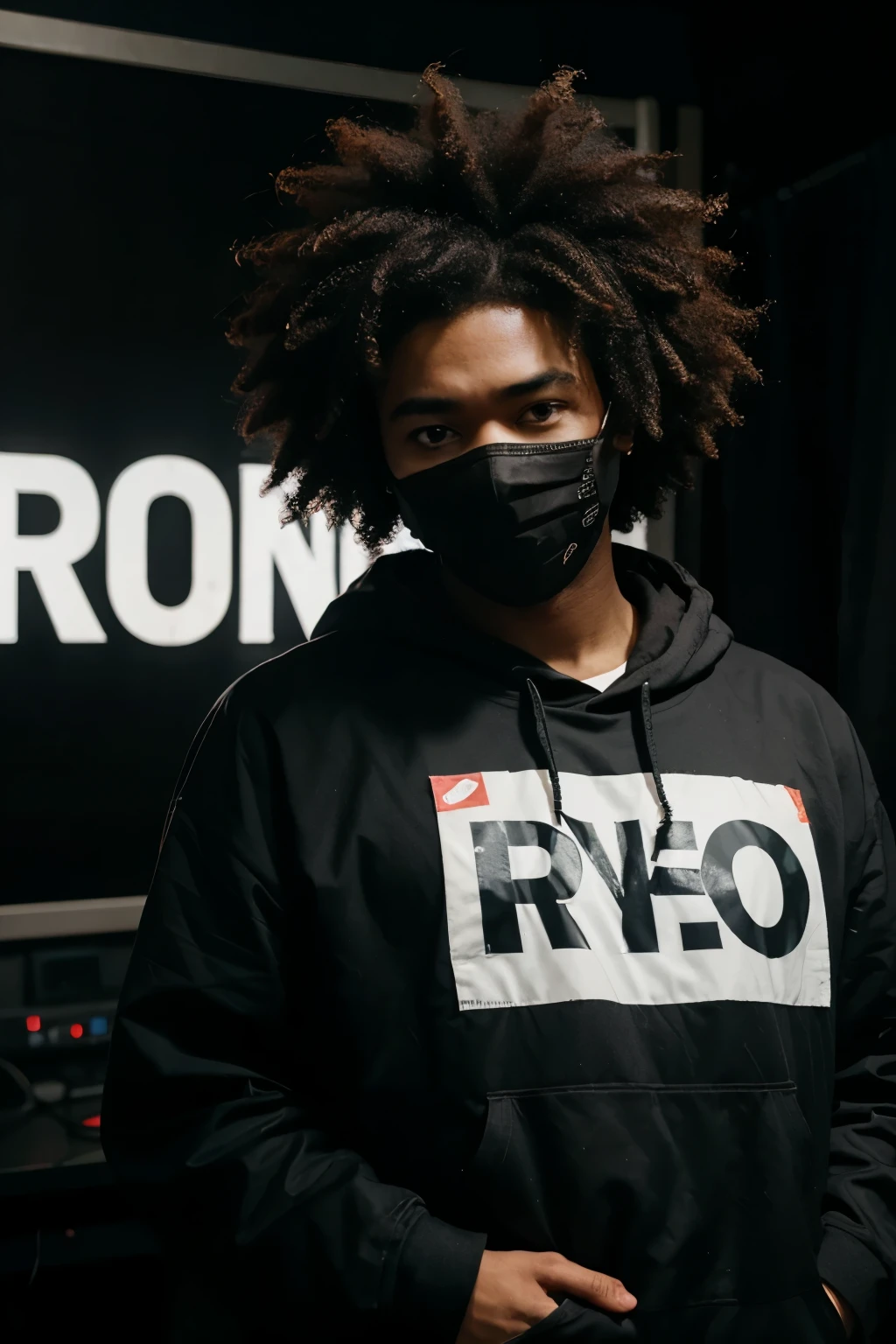 Masked anime character with an afro, in a dark studio, with a sign behind him that says "ON AIR""