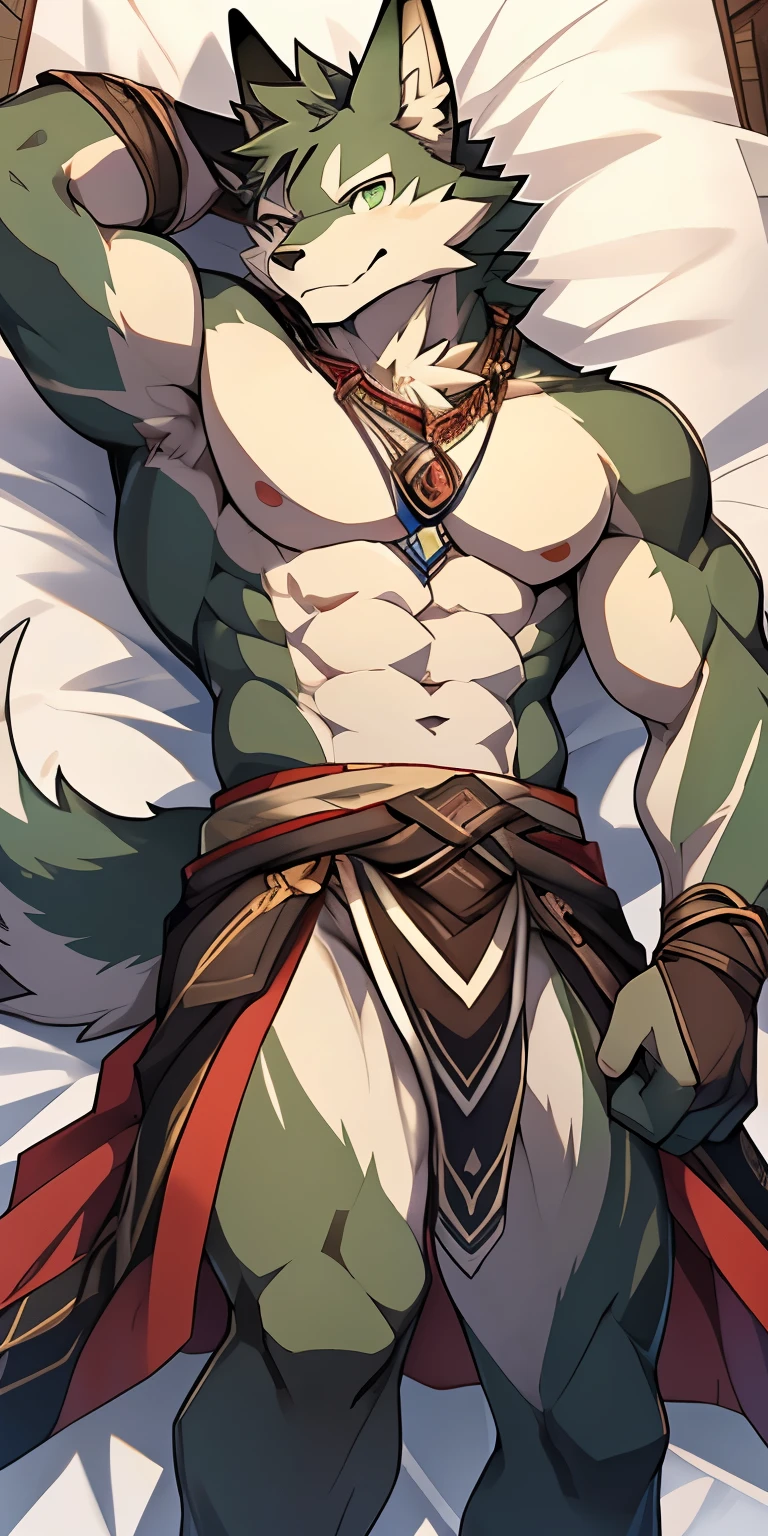 Seto (Tokyo After-School Summoners), Seto(Wandering Longing), Seth (it), Seto, Kazuma Koda, coyote, Green Eye, Grey Body, white body, Brown Body, stripes, stripes 몸체, wear a loincloth, youthful, High Quality, 8K, High image quality, NSFW, pixiv, shadowy, A composition where the whole body is visible, The right ratio, skiny, Sexy, Sexy Men, Muscular, Sexy muscles, thin-waist, naked body, dakimakura design