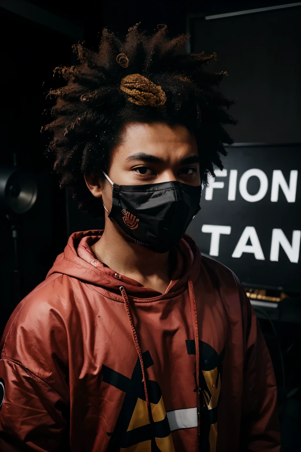 Masked anime character with an afro, in a dark studio, with a sign behind him that says "ON AIR""