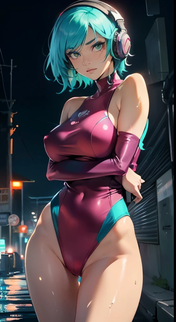 sporty girl with Asian features,(((1girl))),((girl with dark hair and turquoise highlights,)),(asian girl),
(large breasts:1.4),saggy breastlack hair with turquoise streaks:1.35,straight hair,long hair:1.4,colored inner hair,ear breathing))),((heterochromia:1.5, (pink_eye and aqua_eye))),((fat)),(((lustrous skin:1.5,bright skin: 1.5,skin tanned,shiny skin,very shiny skin,shiny body,plastic glitter skin,exaggerated shiny skin,illuminated skin, wet legs))),(spider lower abdomen,narrow waist,wide hip,athletic body,inflated legs,detailed body,(detailed face)),
cute,slutty,seductive,erotic,(((nsfw))),
zettai ryouiki,((one-piece_swimsuit magenta,wearing a one-piece_swimsuit outfit:1.3,swimsuit type spacesuit,magenta armor swimsuit:1.3)),(rgb headphones:1.5),((wet clothes,intricate outfit,intricate clothes)),
(dynamic pose:1.0),embarrassed,(centered,scale to fit dimensions,Rule of thirds),
cyberpunk city by the ocean at night, with bright neon signs and dark stormy clouds and puddles, scenery:1.25,
artistic photography,(photography taken by sldr),highres, sharp focus, (ultra detailed, extremely detailed), (photorealistic artwork:1.37),(extremely detailed CG unity 8k wallpaper),((synthwave background theme)),(((vibrant colors))),(intricate background),(masterpiece),(best quality),
