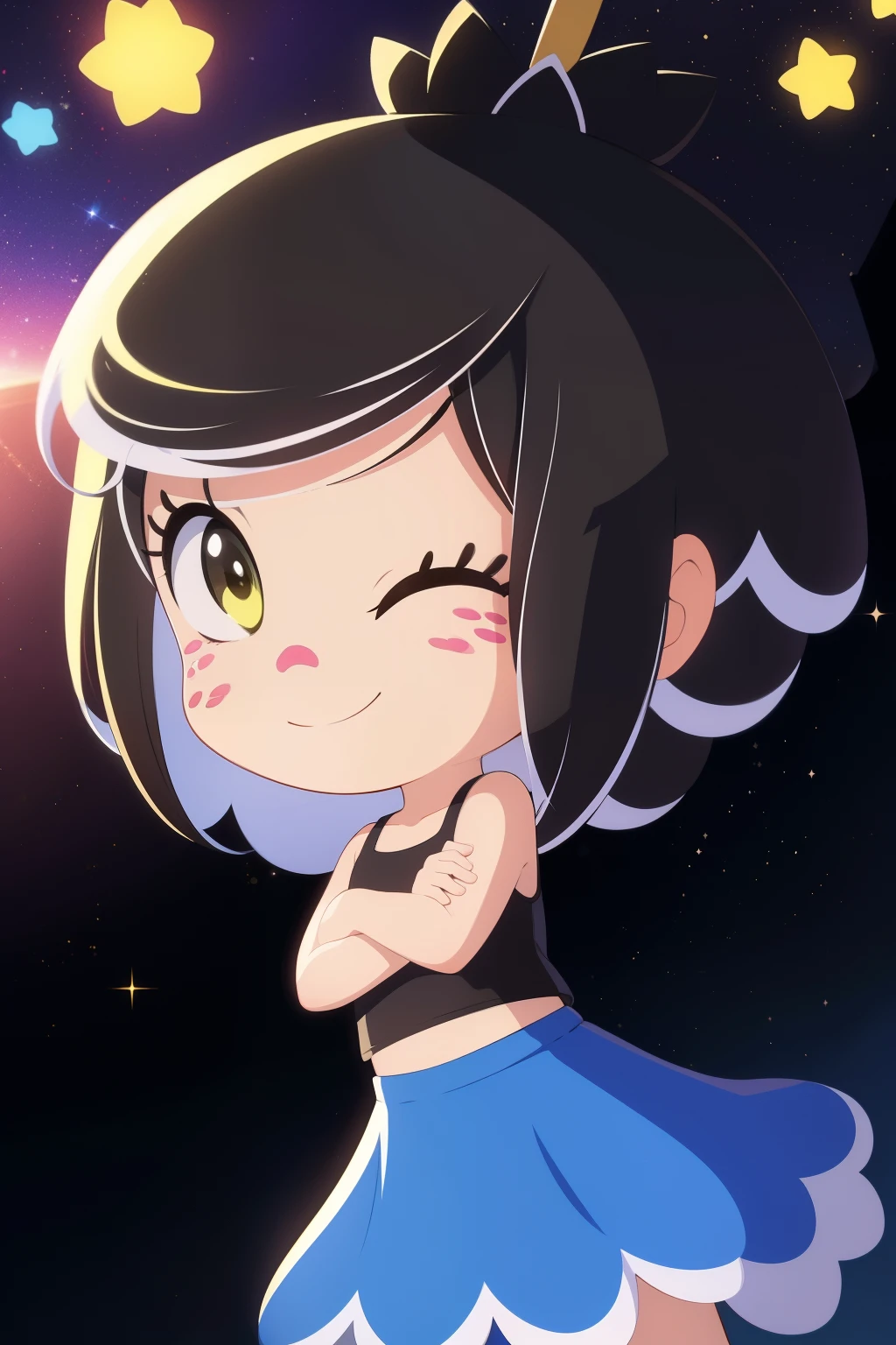 1girl, solo, Hanazuki, black hair, yellow highlights, pink nose and freckles, bracelet, black sleeveless two-piece skirt set, skirt, yellow trimmings, glowing highlights on her hair, joyful, cute smile, one eye closed, crossed arms, stars, neon lights, space, galaxy,