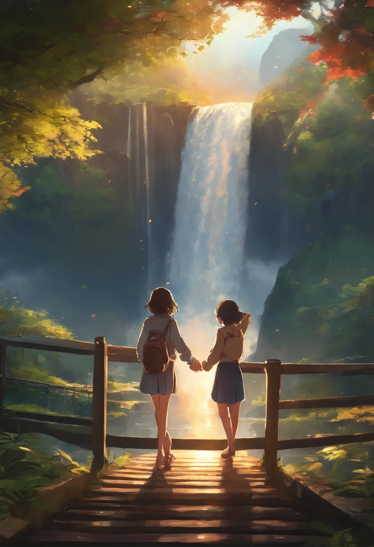 the anime, Two girls holding hands, standing on a bridge, looking at the rainbow and waterfall, makoto sinkai cyril rolando, the anime art wallpaper 8 k, 4k the anime wallpaper, ( ( makoto sinkai ) ), the anime movie background, the anime art wallpaper 4k, the anime art wallpaper 4 k, 4 k manga wallpapers, the anime wallpaper 4 k, the anime wallpaper 4k