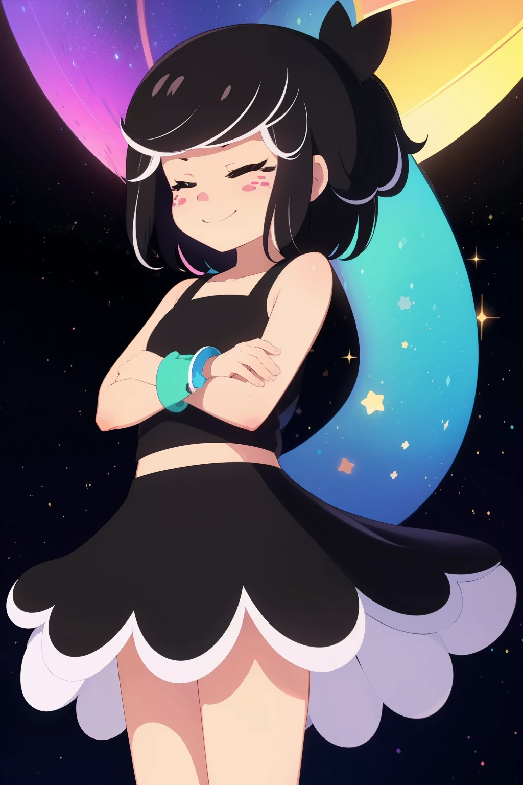1girl, solo, Hanazuki, black hair, yellow highlights, pink nose and freckles, bracelet, black sleeveless two-piece skirt set, skirt, yellow trimmings, glowing highlights on her hair, joyful, cute smile, one eye closed, crossed arms, stars, neon lights, space, galaxy,