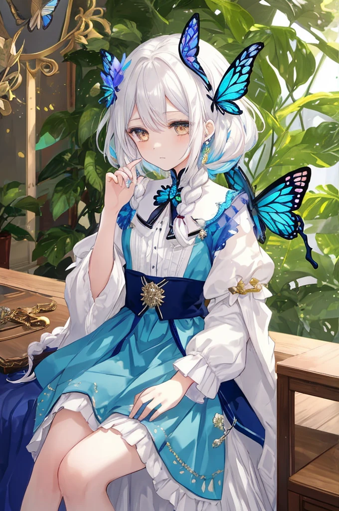A royal sister,gold eyes,White hair,Long colorful single braids,short detailed hair,Blue skirt,(There is only one person in the picture),There is a butterfly on the palm,aethereal,Sit at your desk,squinting eyes,(sideface),(HighestQuali)