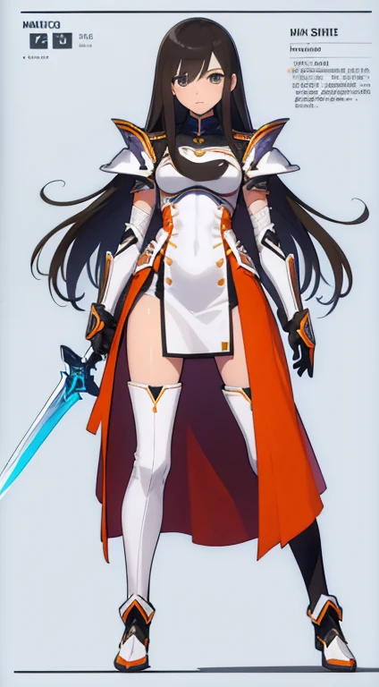(((Best Quality))) , ((full body)), female, reference sheet, solo, (white background), holding sword, gloves, waist armor, thigh high, side slit trench skirt, blue, orange, green, violet, brown, white, colorful outfit,