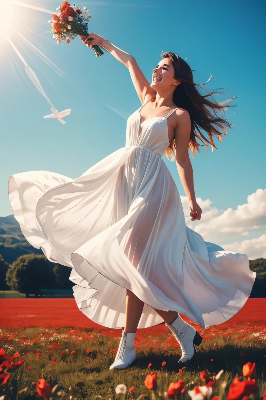uma mulher com um vestido branco em um campo de flores vermelhas, she is in pure bliss, Botas de combate, ela expressando alegria, Comercial de TV, fronteiras limpas ; fotorrealista, flutuando no perfume, Gettyimages, psytrance, showing victory, Menina francesa, ecstatic, Rosses, voador a woman in a white dress in a field of red flowers, she is in pure bliss, combat boots, she expressing joy, tv commercial, clean borders ; photorealistic, floating in perfume, gettyimages, psytrance, showing victory, french girl, ecstatic, rosses, flying