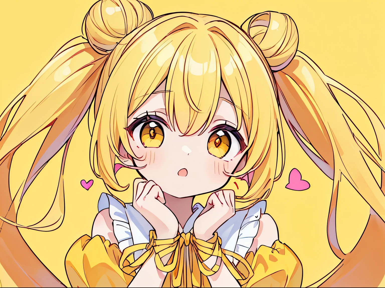 absurderes, hight resolution, (Anime style:1.1), ((masutepiece)), ((Best Quality)), (Ultra-detailed), (Beautiful),Beautiful face、(liftup),Cute little girl s、(((Twin-tailed、Bun hair、Yellow hair、Long、ロングTwin-tailed)))(((Yellow dress、frilld、Orange Ribbon)))(()Delicate eyes、Yellow eyes、Mine clothing、)(((((The upper part of the body、hands are heart、((hands are heartの形)))))))Stuffy face、round mouth(((Yellow background、Background Simple)))(((((Long)))))