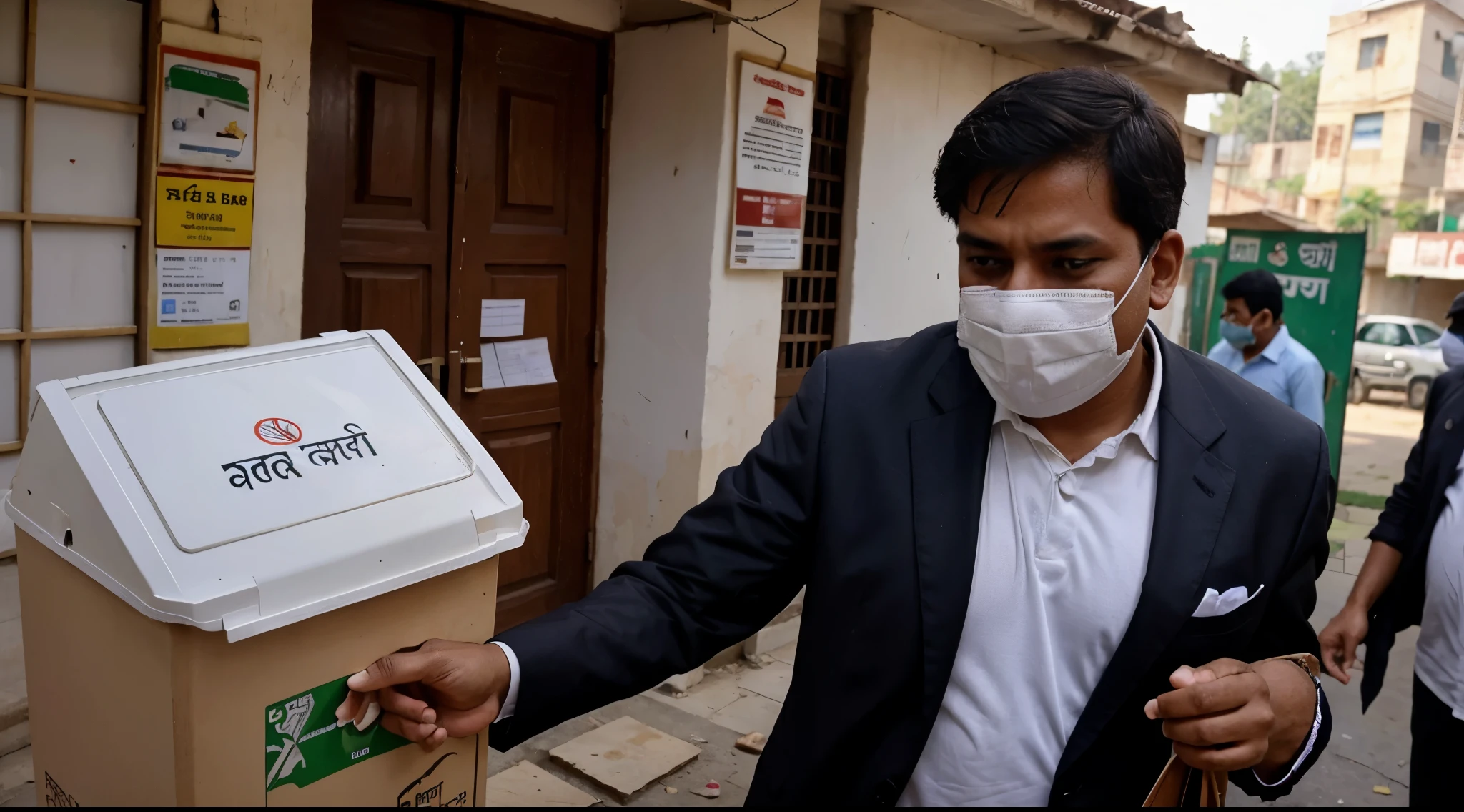 covering mask a man looting EVM from polling booth in India