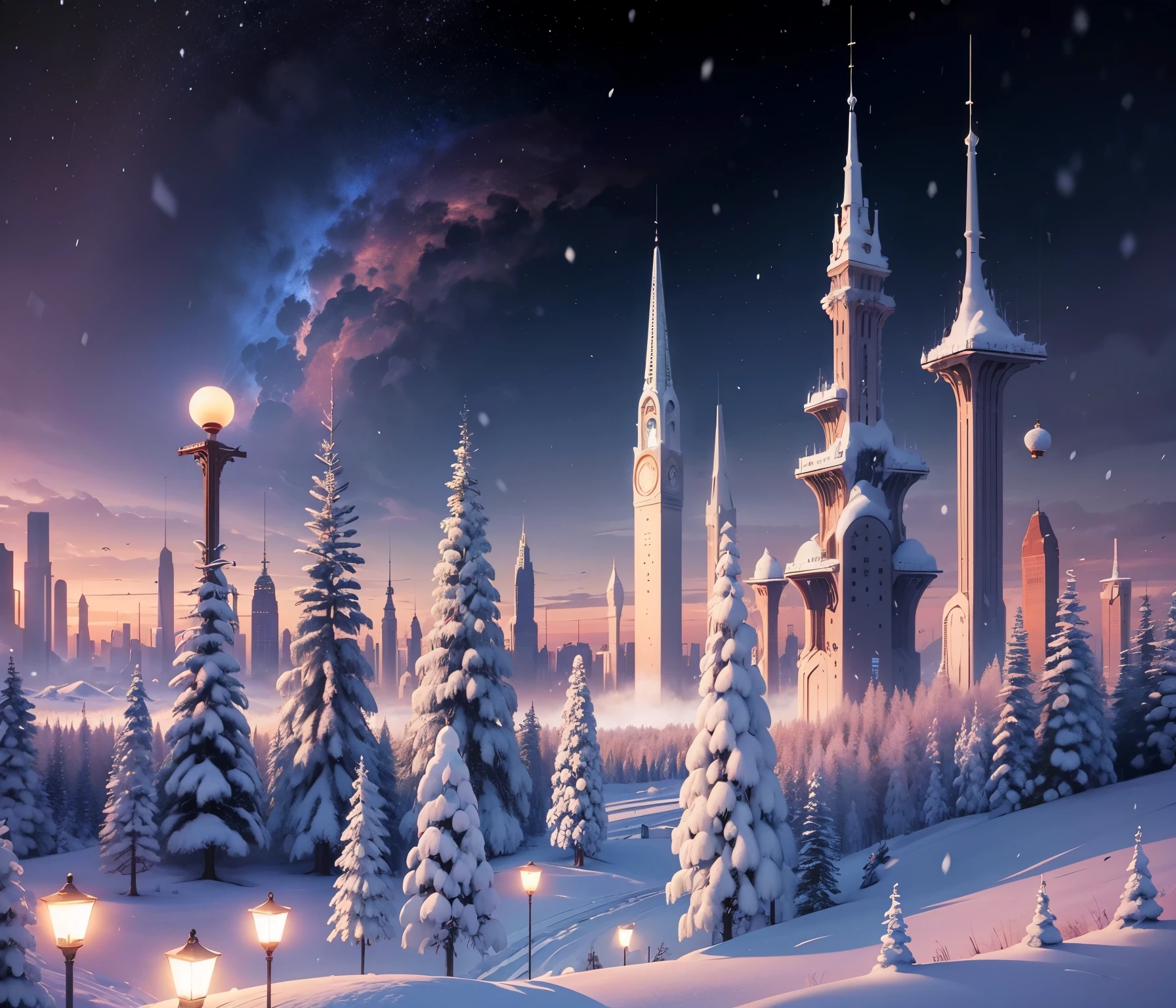 World, snow, goose feather snow, ultra-high-definition images, cyberpunk city, crystal texture --auto --s2
