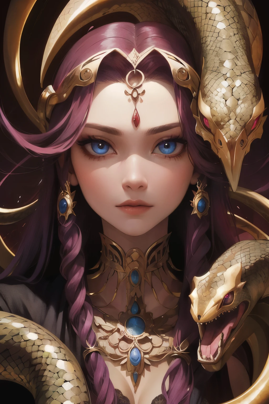 Absurd, ultra-detailed, high quality, detailed face, beautiful eyes, Medusa, the Gorgon, the Gorgon with serpent hair, possesses a complex mix of beauty and terror, mesmerizing gaze,