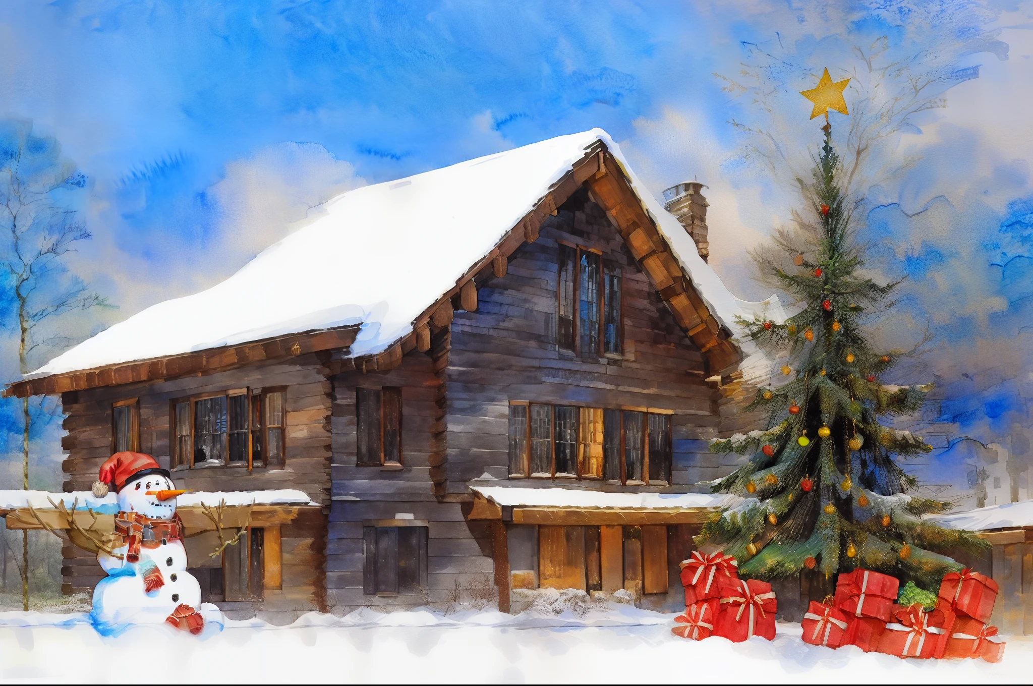 (Watercolor painting 1,2), splashes of paint, New Year's card, wooden house, snow, New Year's mood, bright garlands, Christmas tree with gifts, (handsome snowman), snowy trees, snowfall, book page, atmospheric lighting, postcard style, evening time , watercolor texture