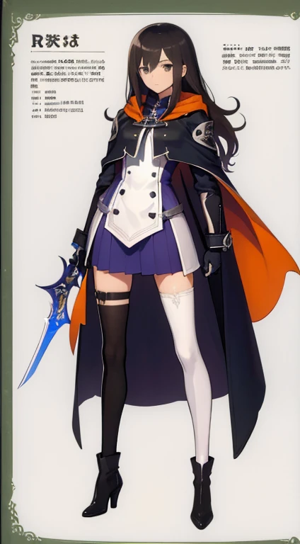 (((Best Quality))) , ((full body)), female, reference sheet, solo, (white background), holding sword, gloves, cloak, thigh high, side slit trench skirt, blue, orange, green, violet, brown, white, colorful outfit,