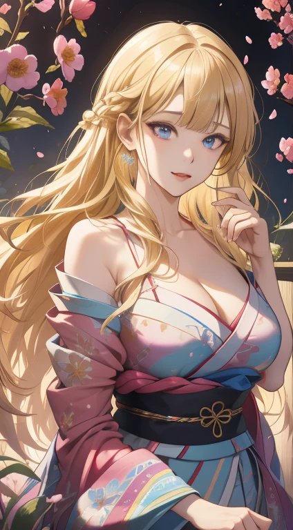 (A hyper-realistic), (hight resolution), (8K), 1girl, japanese mature female, wavy blonde hair, long hair, beautiful detailed eyes, blunt bangs, pink dress, finely detailed eyes and detailed face, extremely detailed CG unity 8k wallpaper, intricate details, break , kaleidoscopic imagery, symmetrical patterns, vibrant colors, geometric shapes, mesmerizing designs, optical illusions, dynamic composition BREAK , pantomime art, expressive body language, silent storytelling, evocative gestures, visual narratives, theatrical performances , blooming flowers, colorful petals, fragrant scents, nature's bounty, vibrant gardens, peaceful scenery