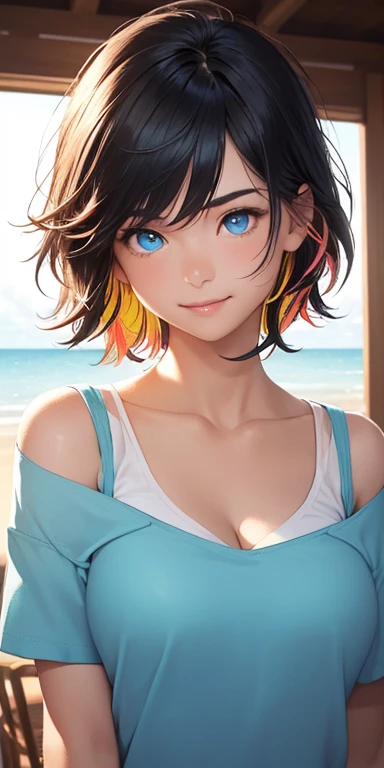 baby face, (short multicolored fluorescence hair:1.5,messy hair:1.5), (photorealistic:1.8), (masterpiece, sidelights, exquisite beautiful eyes: 1.5), masterpiece*portrait, realistic, 3D face,(cute face),front view: 1.6、 (glowing blue eyes:1.2),plump face:1.5,(tareme:1.5)、(seductive smile:1.2),Rosy Mouth,Slim Body,abs, shiny hair, shiny skin: 1.5、medium breasts,cleavage、solo,punk girl,(stand)、(single shoulder shirt:1.5)、(charactor focus:1.5、portlate:1.5、upper body),beach,