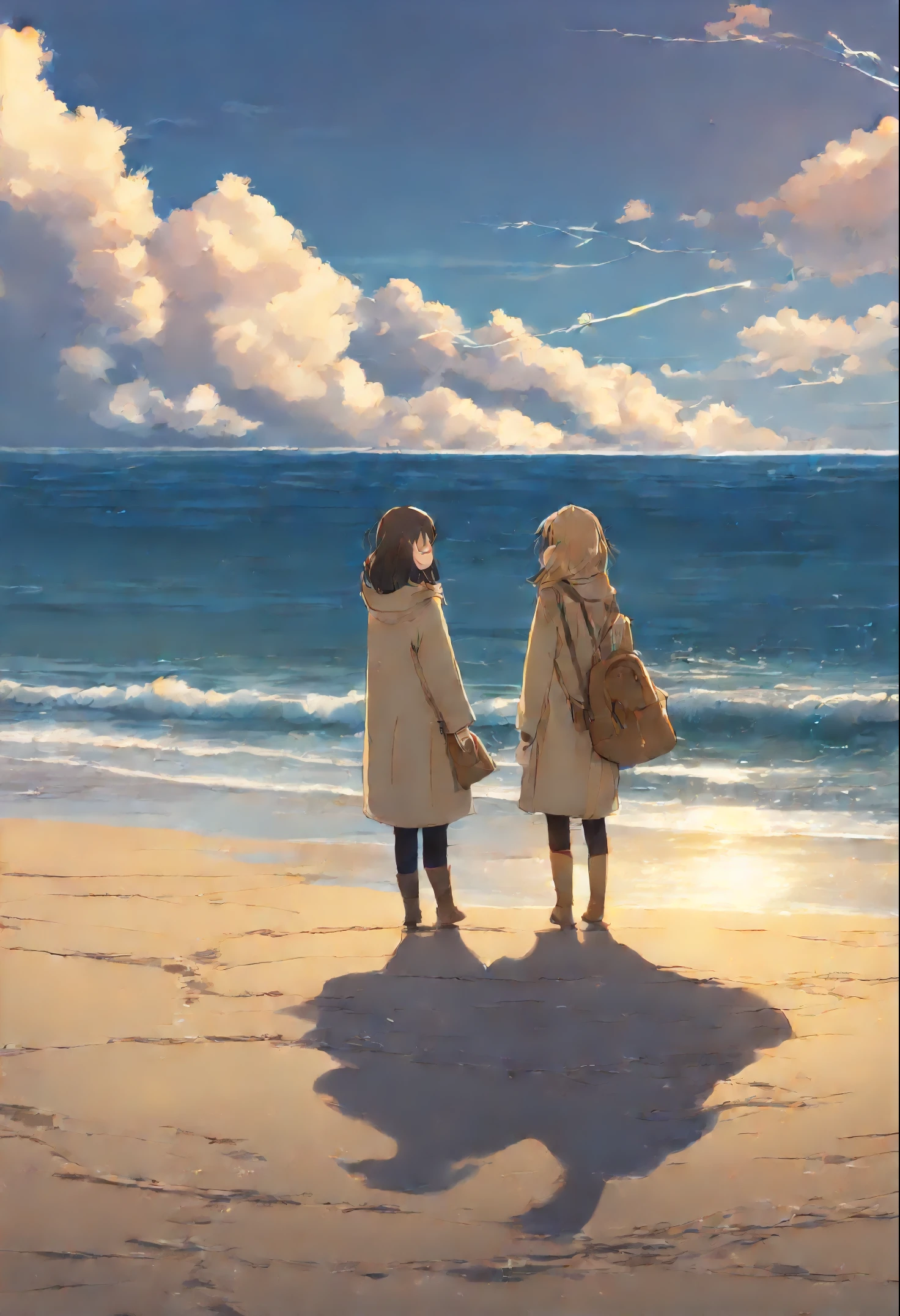 Girls from different worlds (snowfall, Christmas tree, New Year's toys, Beach falling snow, waves, sand)reach out to each other, anime couple two girls friends brunette and blonde, standing on a ledge and watching the sunset, clouds and rainbow below, guweiz and makoto sinkai, in style of makoto sinkai, makoto sinkai cyril rolando, sakimichan and makoto sinkai, ross tran and makoto sinkai, ( ( makoto sinkai ) ), style of makoto sinkai