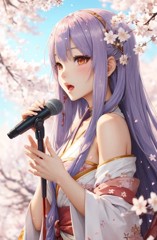 Beautuful Women　length hair　Japan anime style　I'm singing with a microphone　Cherry blossom confetti