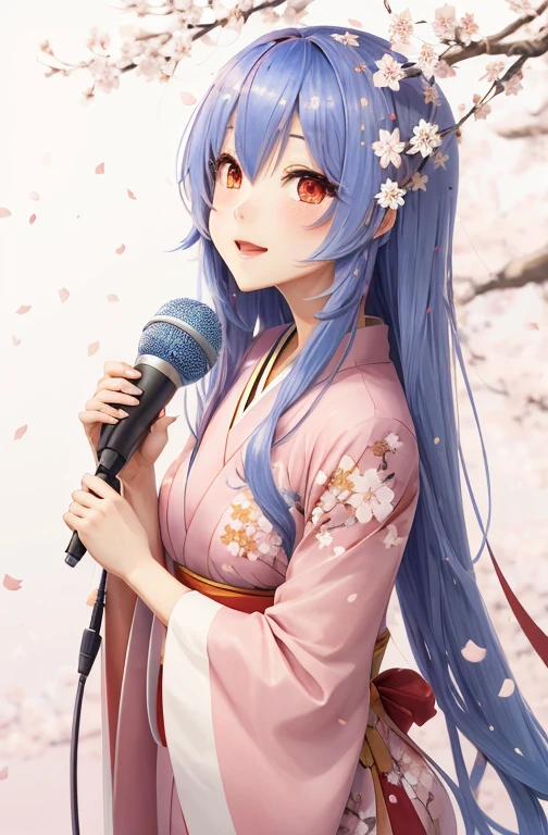 Beautuful Women　length hair　Japan anime style　I'm singing with a microphone　Cherry blossom confetti