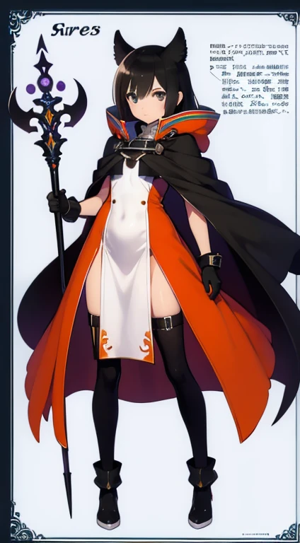 (((Best Quality))) , ((full body)), female, reference sheet, solo, (white background), holding staff, gloves, cloak, thigh high, side slit trench skirt, blue, orange, green, violet, brown, white, colorful outfit,