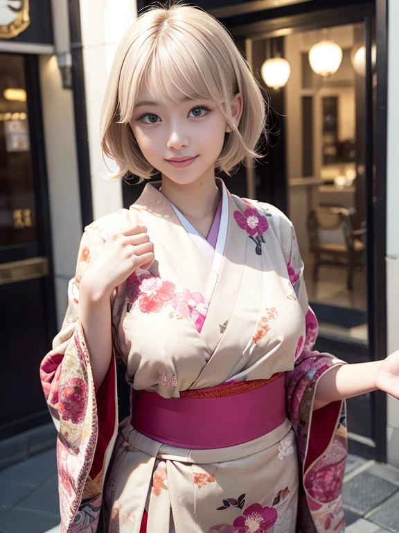 tanned wheat-colored skin,Eye color is random,platinum pink blonde hair color,short-hair,huge tit,Very cute,Small face,masutepiece,I have a golden ratio face,More detailed texture,Teeth are visible,smiling photogenicly,Both eyes have double eyelids,The tear bags in both eyes are clear,Both eyes are the same size,Very excited,is in estrus,gal make,Beautiful woman like an idol,Super Detail,Uses highly detailed shaded lighting,Cute smile,Best Quality,Depth of subject,Photorealsitic,Super beautiful photo,You can clearly see the whole body,Has an ergonomically normal body,Well-formed facial parts,I'm a beautiful Japanese girl.,Whip Body,sensual beautiful girl,She is a top model in the world,I am a female president,walking down broadway,I am wearing a New Year's furisode kimono.,