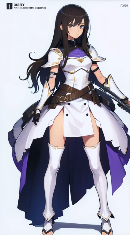(((Best Quality))) , ((full body)), female, reference sheet, solo, (white background), holding sword, gloves, (((waist armor))), thigh high, side slit trench skirt, blue, orange, green, violet, brown, white, colorful outfit,