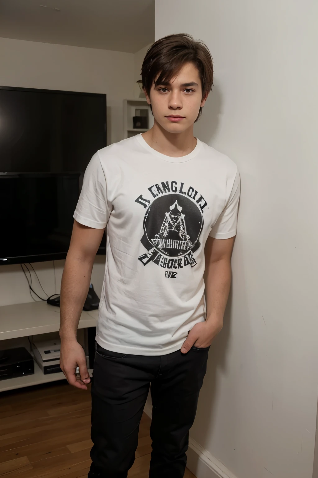 Young man of about 18 years old trying to get a half-tail, half slanted eyes, white t-shirt and black sweatshirt, glare, sexy, in her room