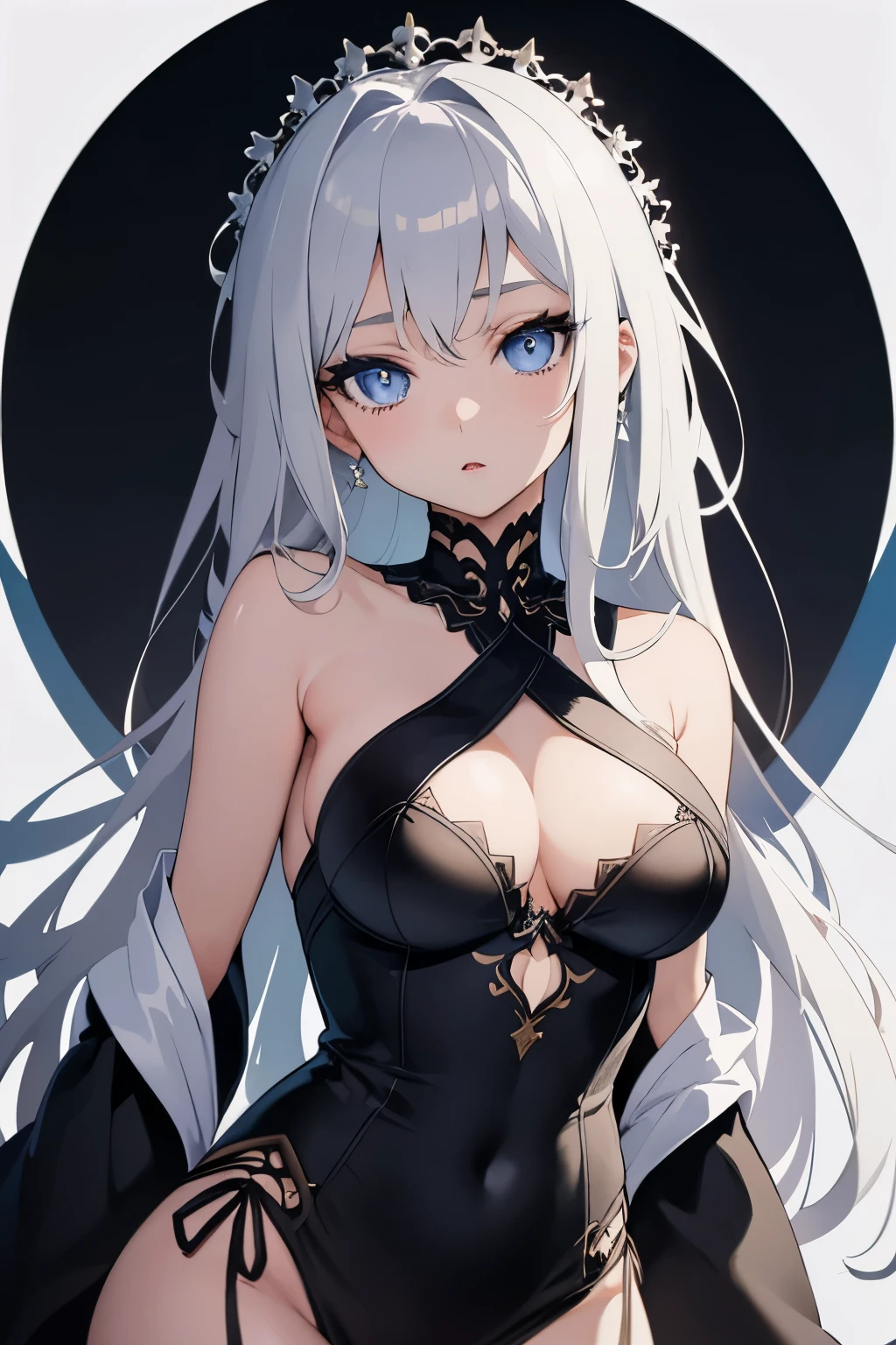 1girl, anime, cute girl, blank background, white background, fantasy, detailed dark fantasy dress with highlights, beautiful face, beautiful eyes, dark colors, silver hair, slightly small breasts, slight cleavage, beautiful skin, cute, breast curtains, extremely delicate and beautiful, (beautiful detailed face:1.0), (detailed deep eyes), symmetrical breasts, deep eyes, shiny skin, portrait, slender waist, hips wider than shoulders, thighs, young girl, expressionless