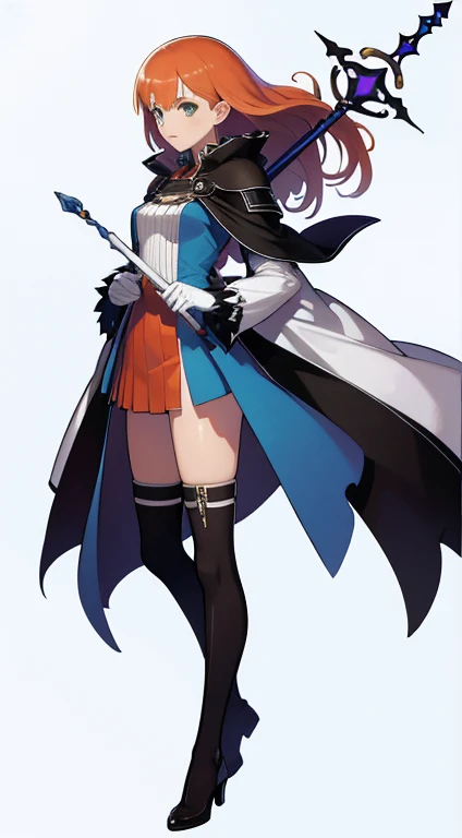 (((Best Quality))) , ((full body)), female, character design, solo, (white background), holding staff, gloves, cloak, thigh high, side slit trench skirt, blue, orange, green, violet, brown, white, colorful outfit,
