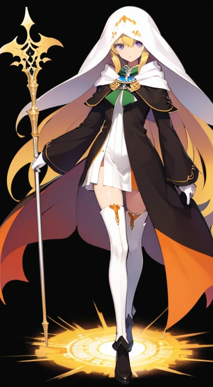 (((Best Quality))) , ((full body)), female, character design, solo, (white background), holding staff, gloves, cloak, thigh high, side slit trench skirt, blue, orange, green, violet, brown, white, colorful outfit,