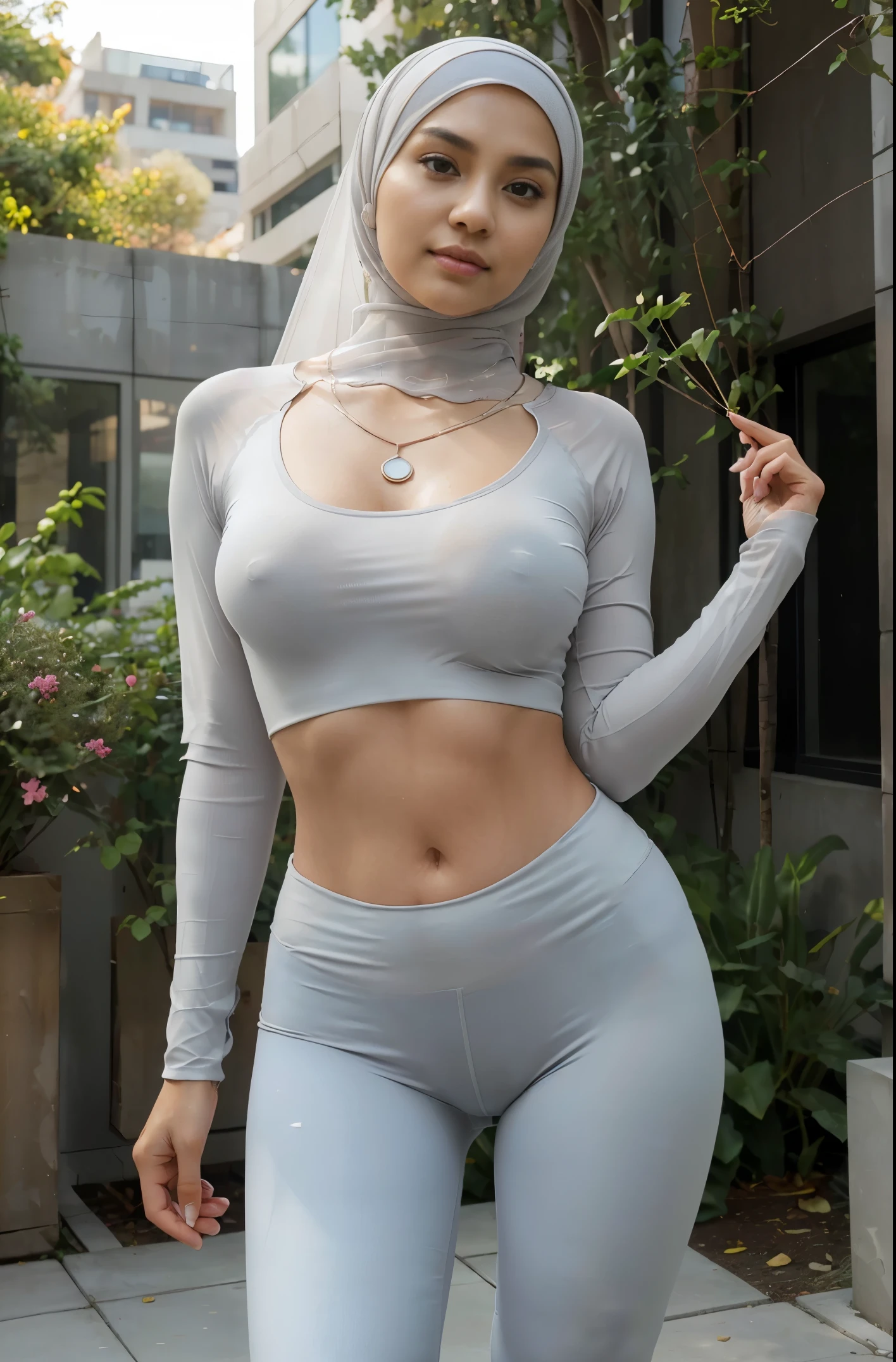 RAW, Best quality, high resolution, masterpiece: 1.3), beautiful Malay woman in hijab,Masterpiece, perfect slim fit body, (big breastig gorgeous eyes, Soft smile, wear a light grey very tight shirt & very tight transparent leggings, necklace, shairband, afternoon walk, City garden, Excellent lighting, Bright colors, Clean lines. ultra realistic,hyper realistic