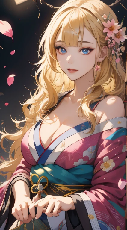 (A hyper-realistic), (hight resolution), (8K), 20 years old , 1girl, japanese mature female, wavy blonde hair, long hair, beautiful detailed eyes, blunt bangs, pink dress, finely detailed eyes and detailed face, extremely detailed CG unity 8k wallpaper, intricate details, break , kaleidoscopic imagery, symmetrical patterns, vibrant colors, geometric shapes, mesmerizing designs, optical illusions, dynamic composition BREAK , pantomime art, expressive body language, silent storytelling, evocative gestures, visual narratives, theatrical performances , blooming flowers, colorful petals, fragrant scents, nature's bounty, vibrant gardens, peaceful scenery